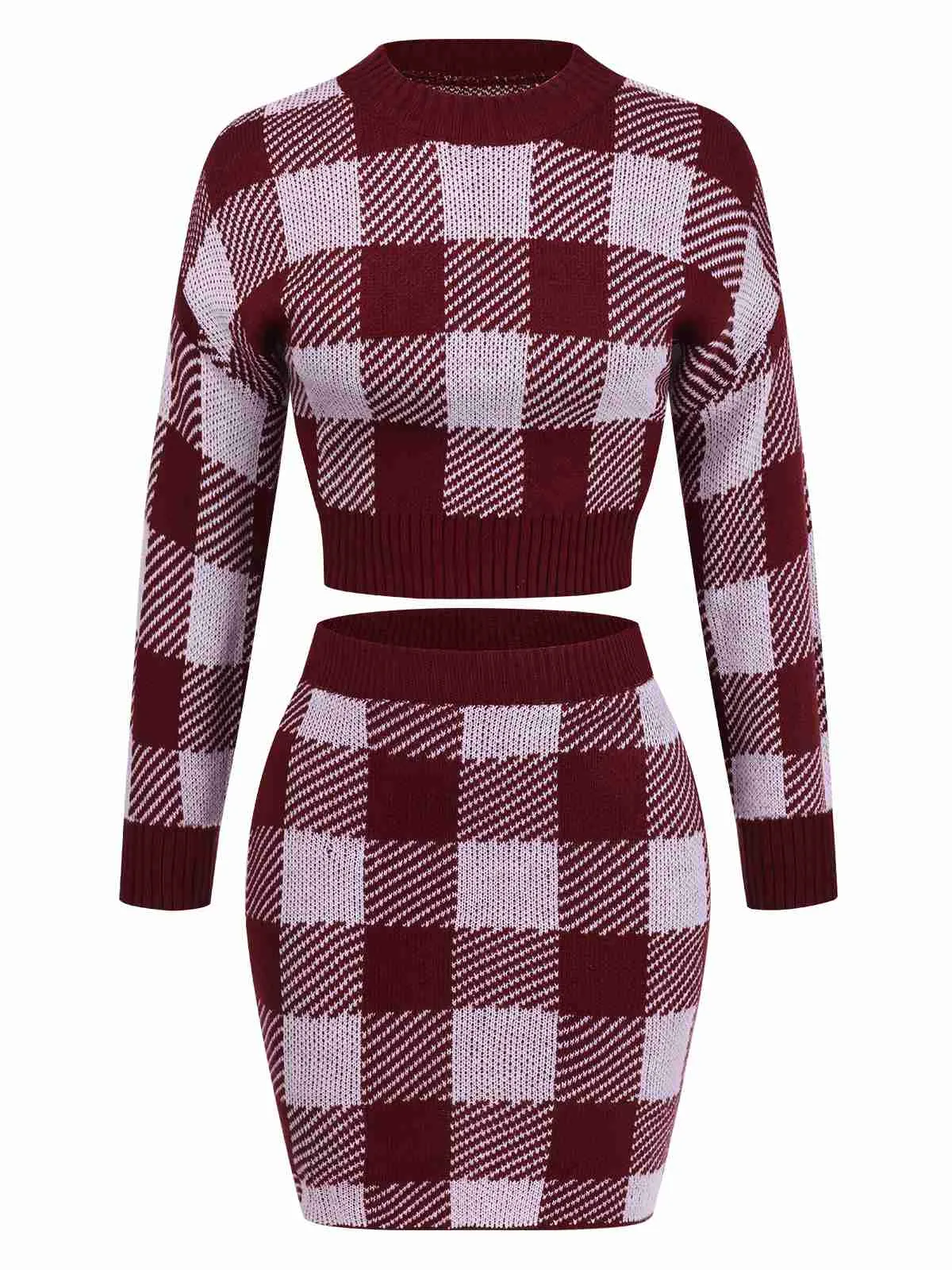 2PCS Wine Red 1960s Shepherd Plaid Knit Top & Skirt