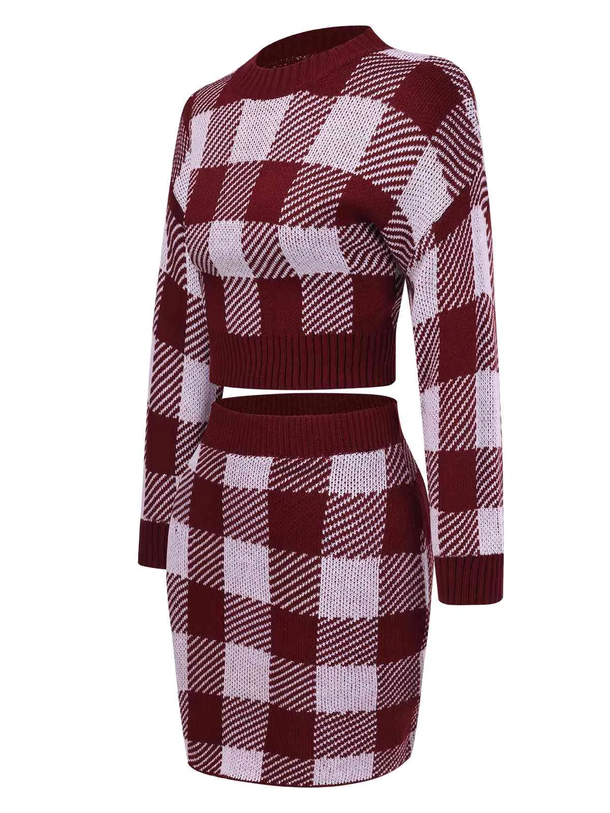 2PCS Wine Red 1960s Shepherd Plaid Knit Top & Skirt