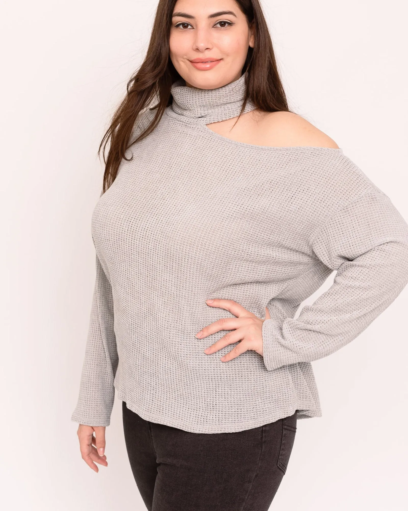 Adela Waffle-Knit Cutout Sweater | Light Grey