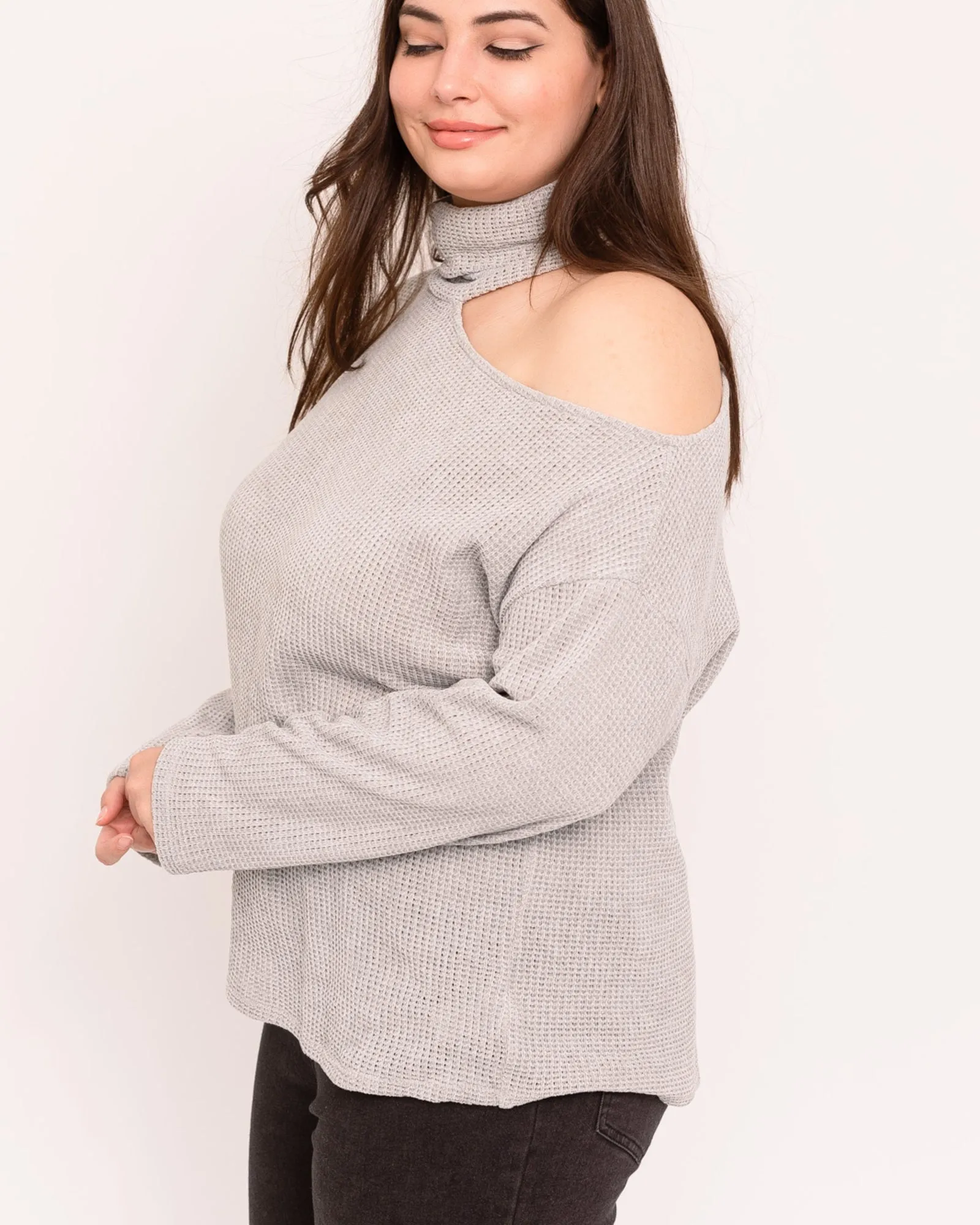 Adela Waffle-Knit Cutout Sweater | Light Grey