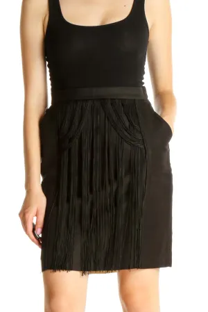 Black Solid Retro Fringe Pencil Skirt