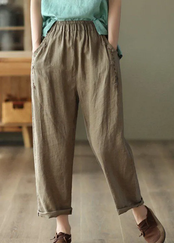 Brown Pockets High Waist Linen Pants Summer LY0225