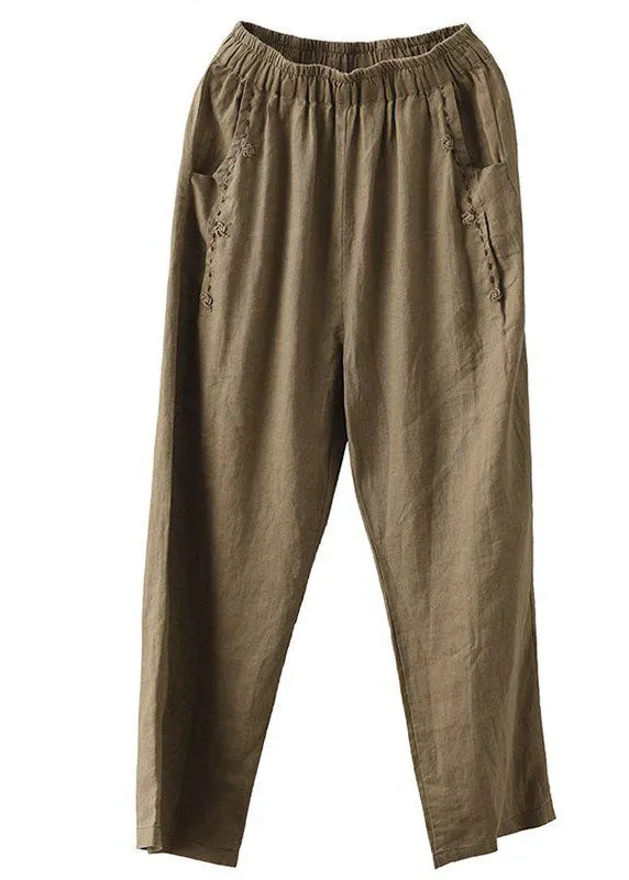 Brown Pockets High Waist Linen Pants Summer LY0225