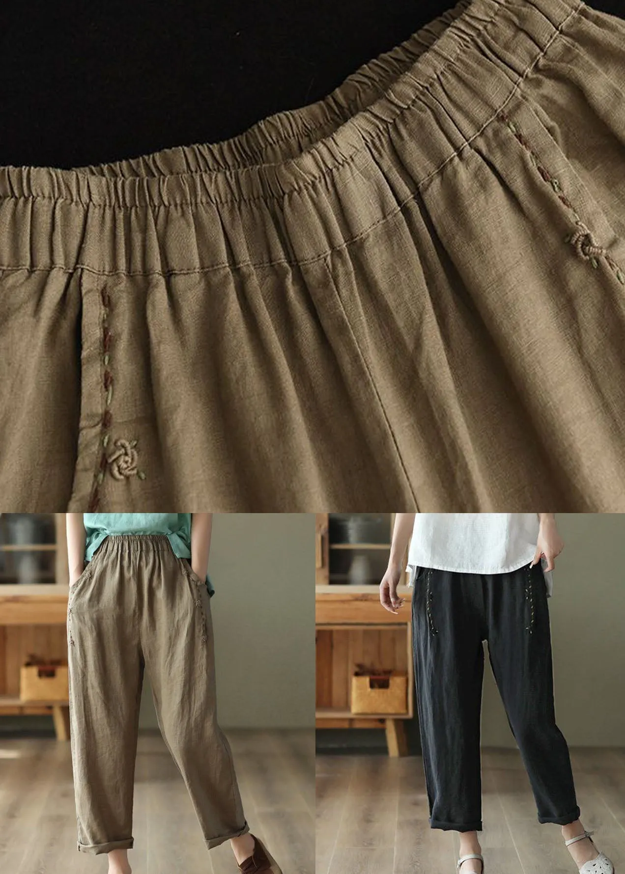 Brown Pockets High Waist Linen Pants Summer LY0225