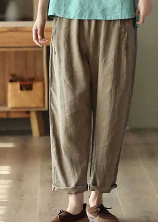 Brown Pockets High Waist Linen Pants Summer LY0225