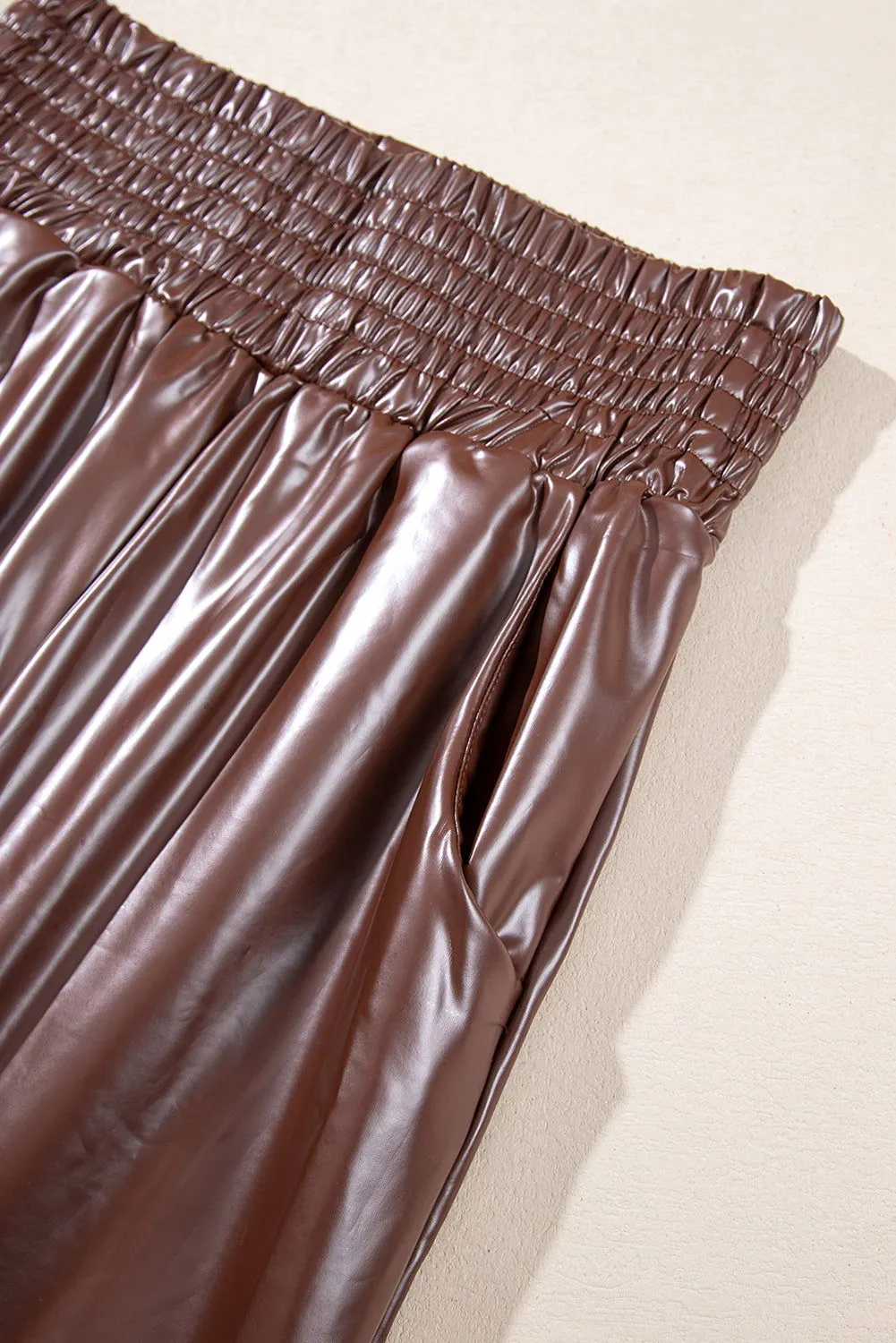 Brown Smocked High Waist Leather Skinny Pants