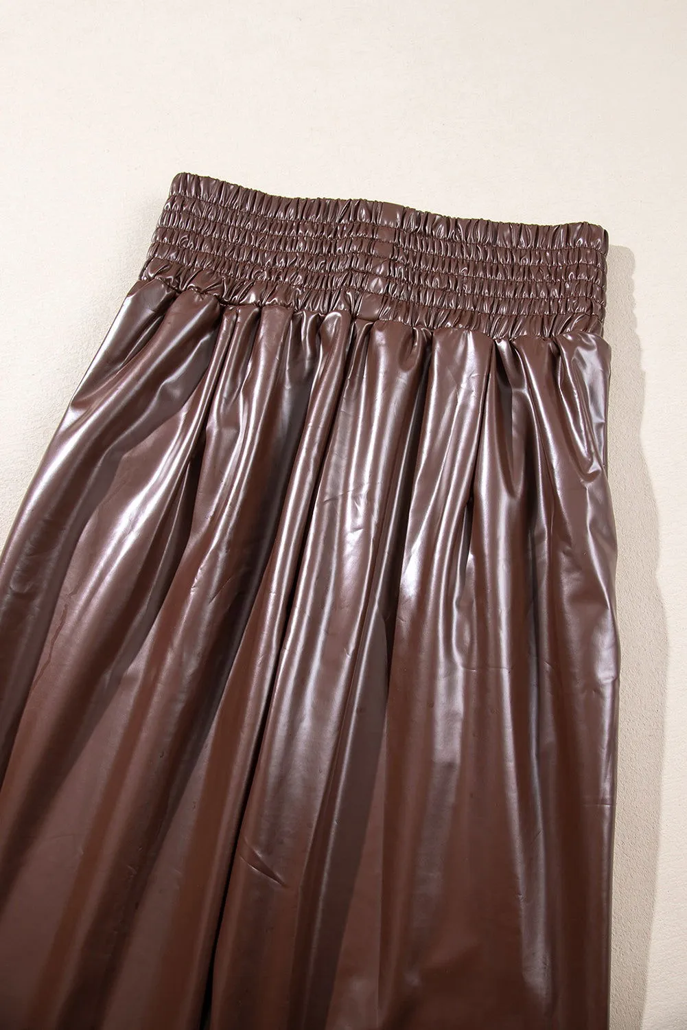 Brown Smocked High Waist Leather Skinny Pants