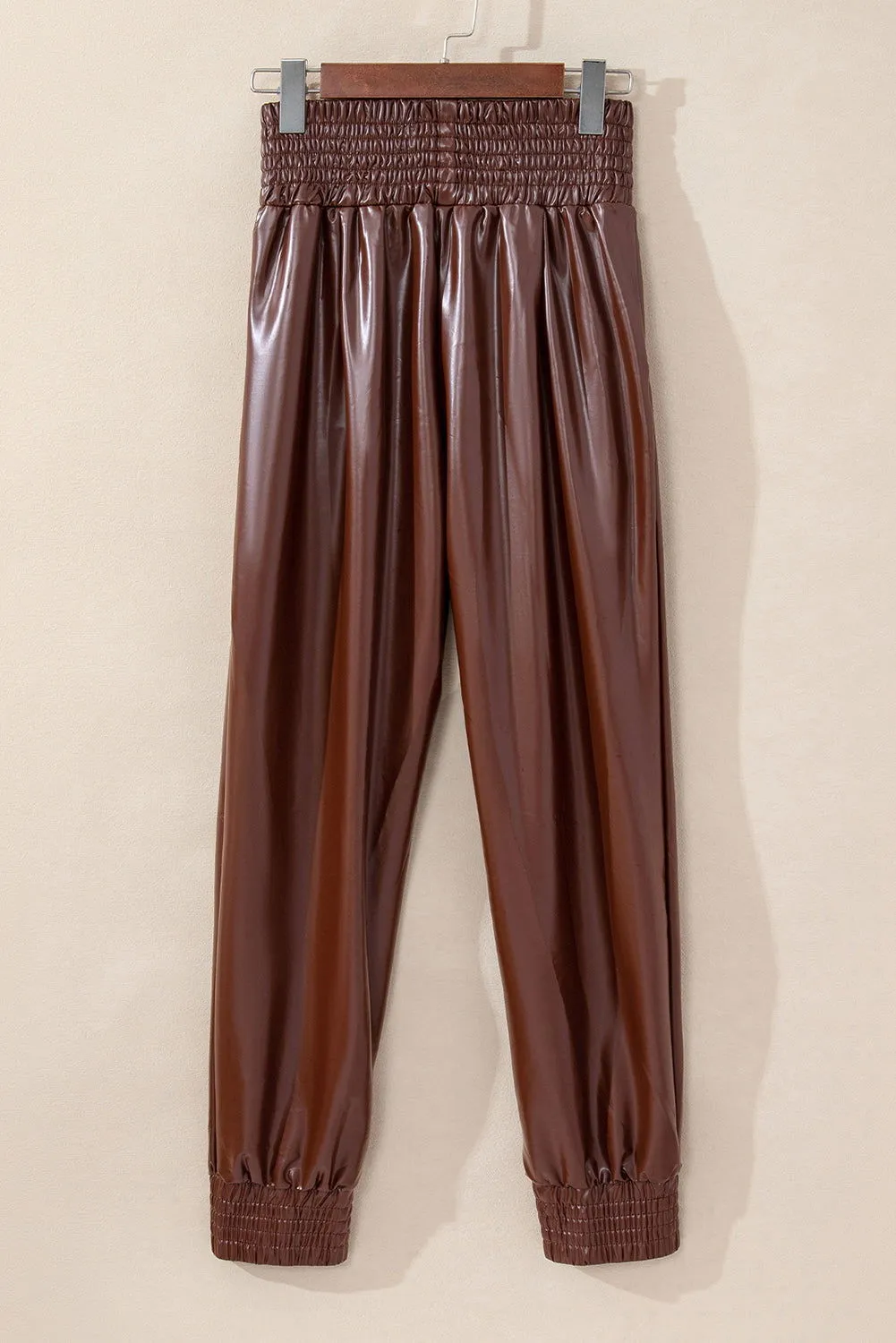 Brown Smocked High Waist Leather Skinny Pants