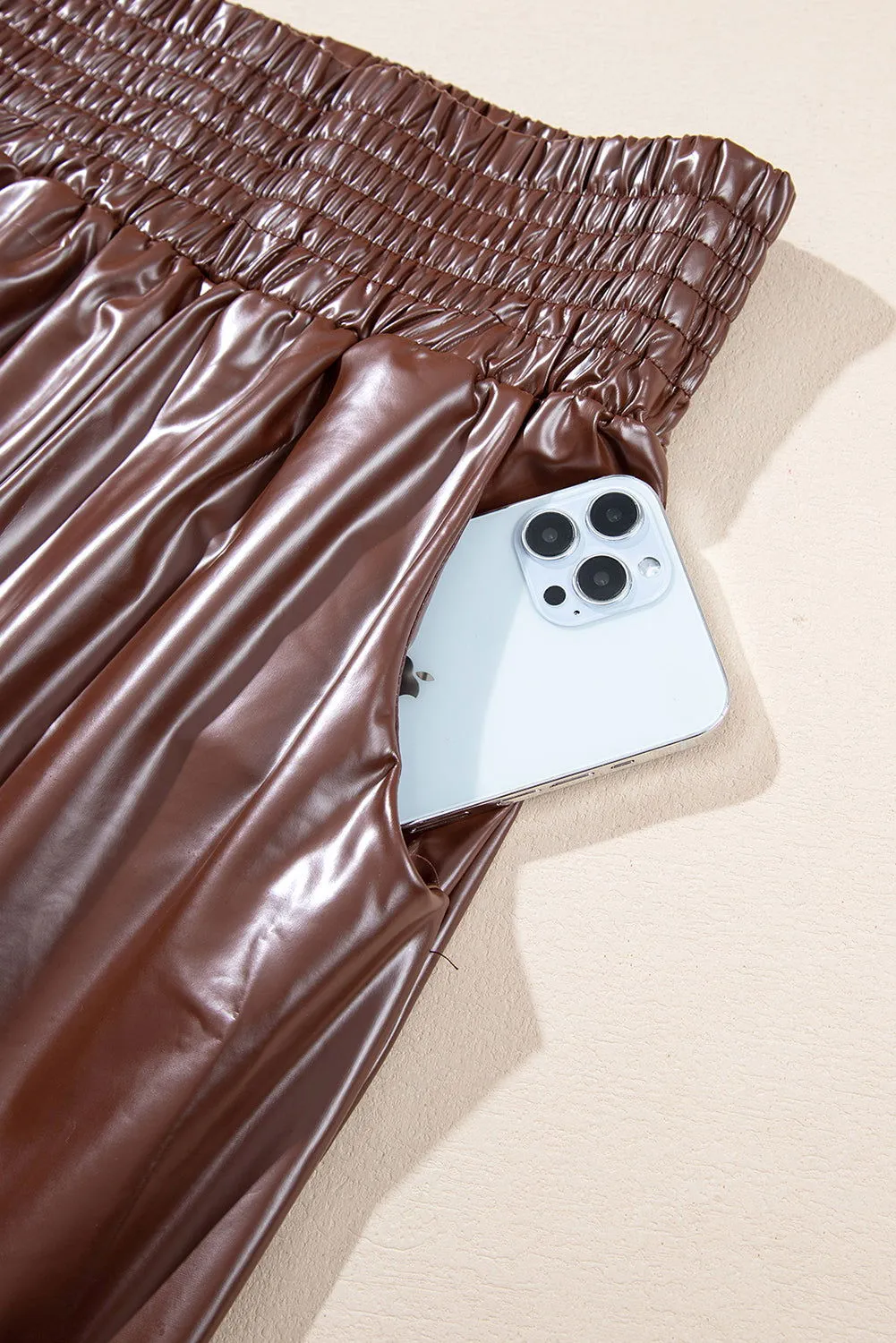 Brown Smocked High Waist Leather Skinny Pants