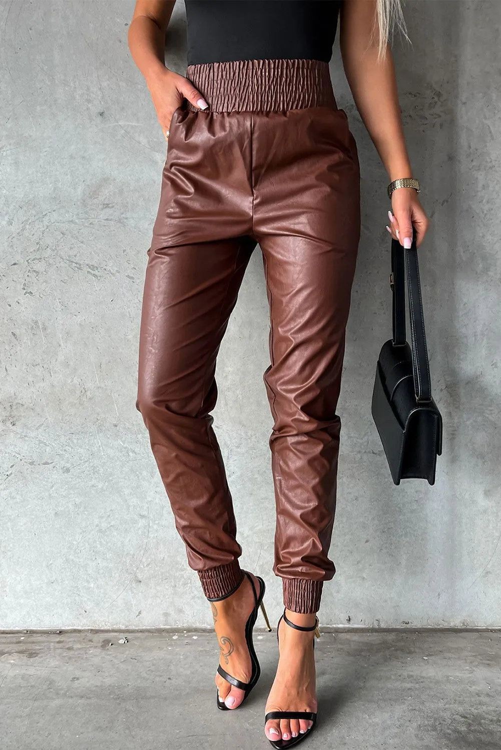 Brown Smocked High Waist Leather Skinny Pants