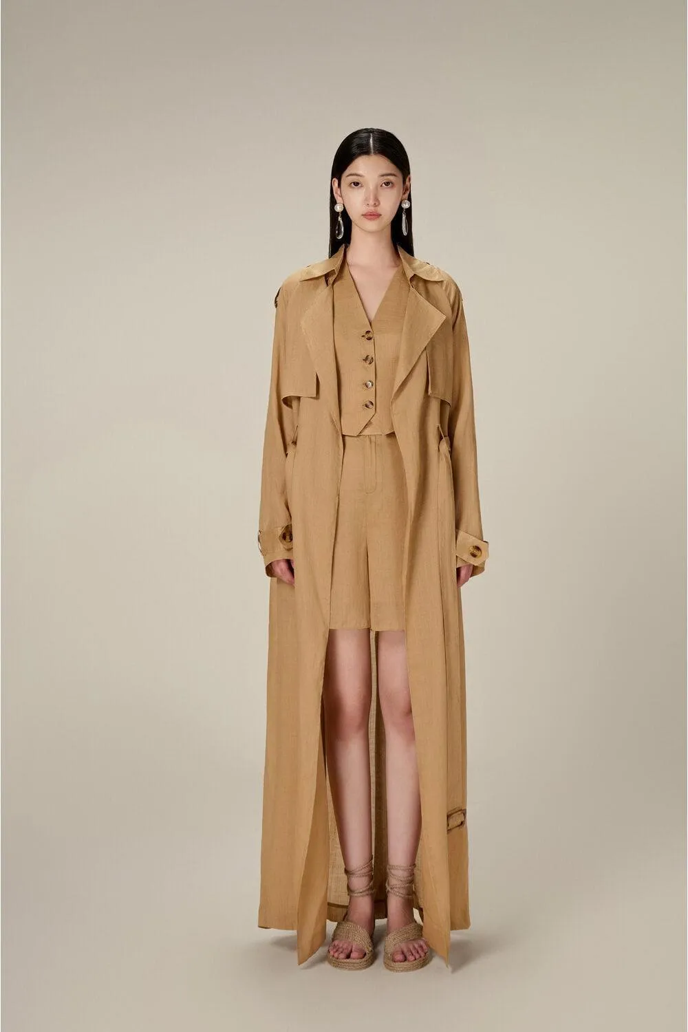 Camel Linen Trench Coat