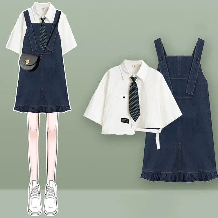 Chic Pocket Lapel Tie Shirt and Denim Overall Dress Set