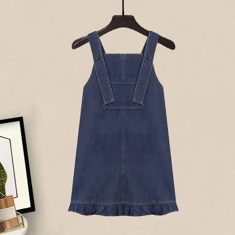 Chic Pocket Lapel Tie Shirt and Denim Overall Dress Set