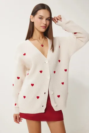 Cream Heart Textured Long Knit Cardigan