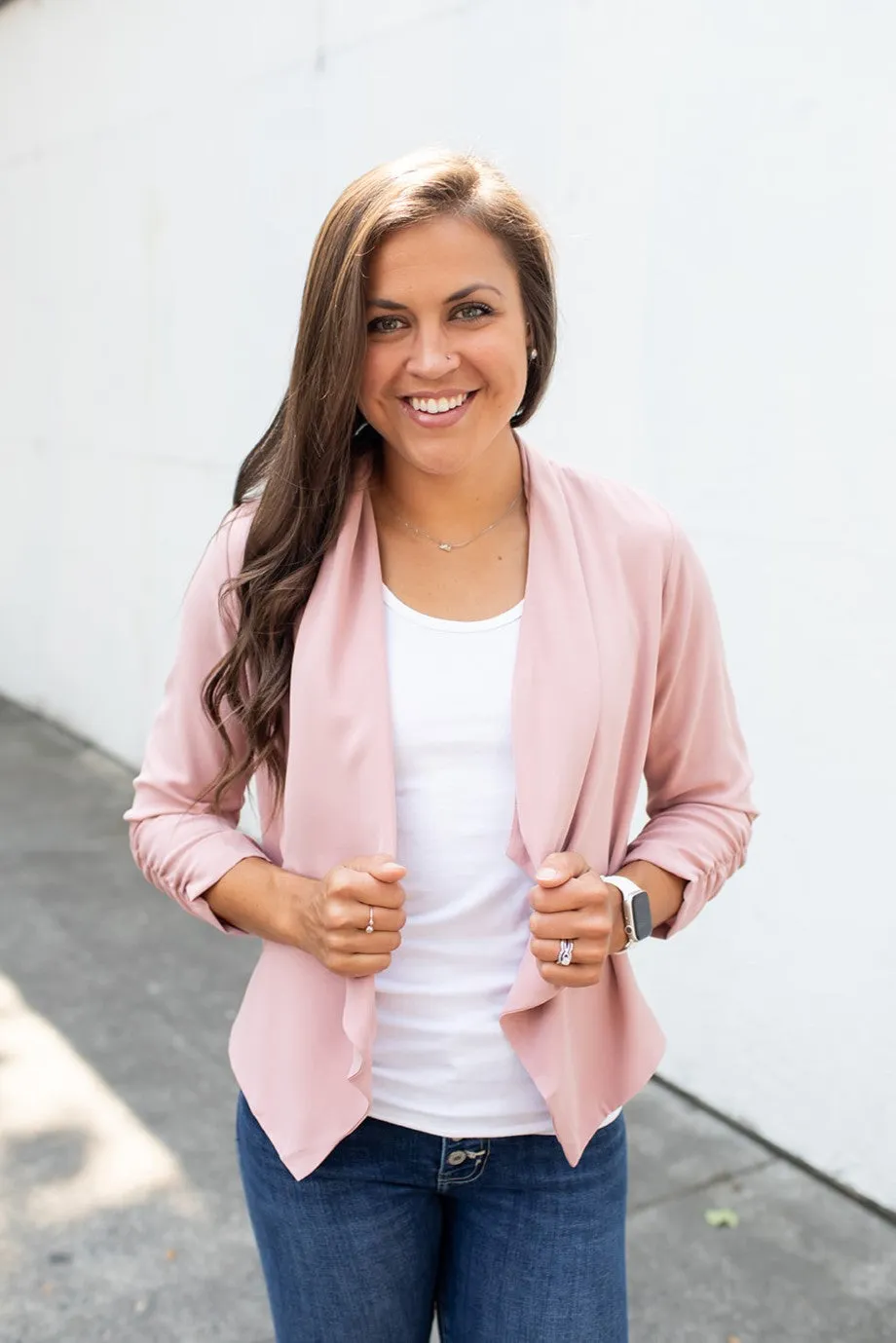 Dusty Pink 3/4 Ruched Sleeve Blazer (SM-3X)