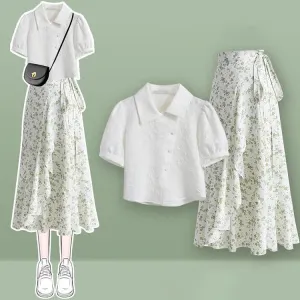 Elegant Puff Sleeve Collar Lapel T-Shirt and Floral Print Skirt Set