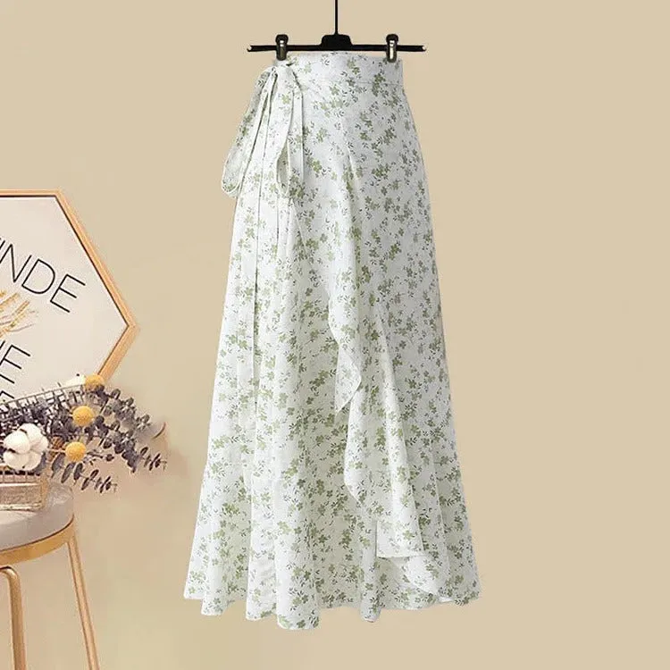 Elegant Puff Sleeve Collar Lapel T-Shirt and Floral Print Skirt Set