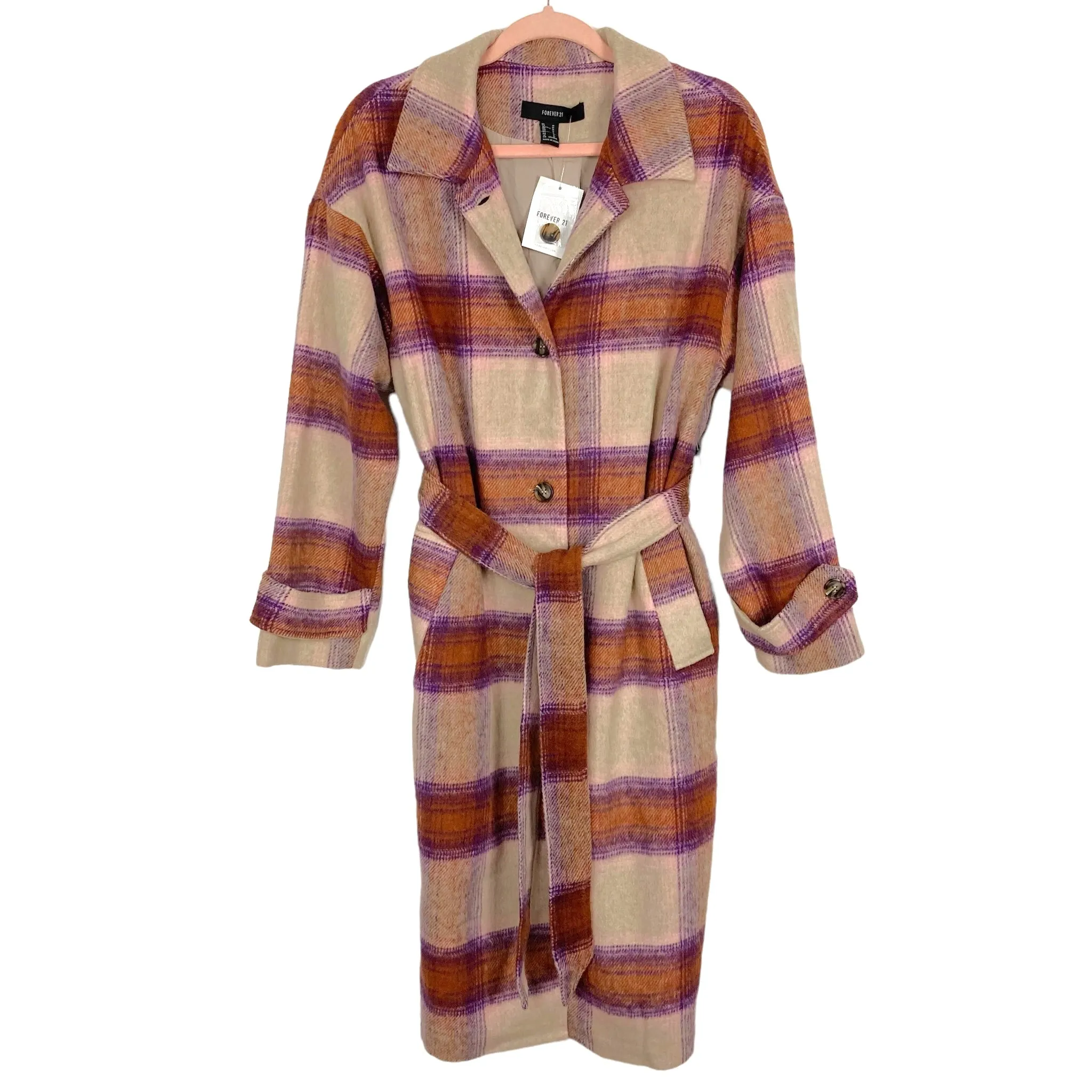 Forever 21 Tan/Purple Plaid Belted Coat NWT- Size M