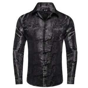 Hi-Tie Classic Black Floral Silk Button Up Long Sleeve Shirt for Men