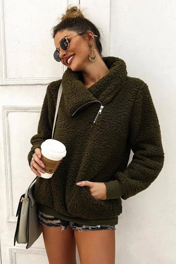 High Neck Fluffy Zipper Coat