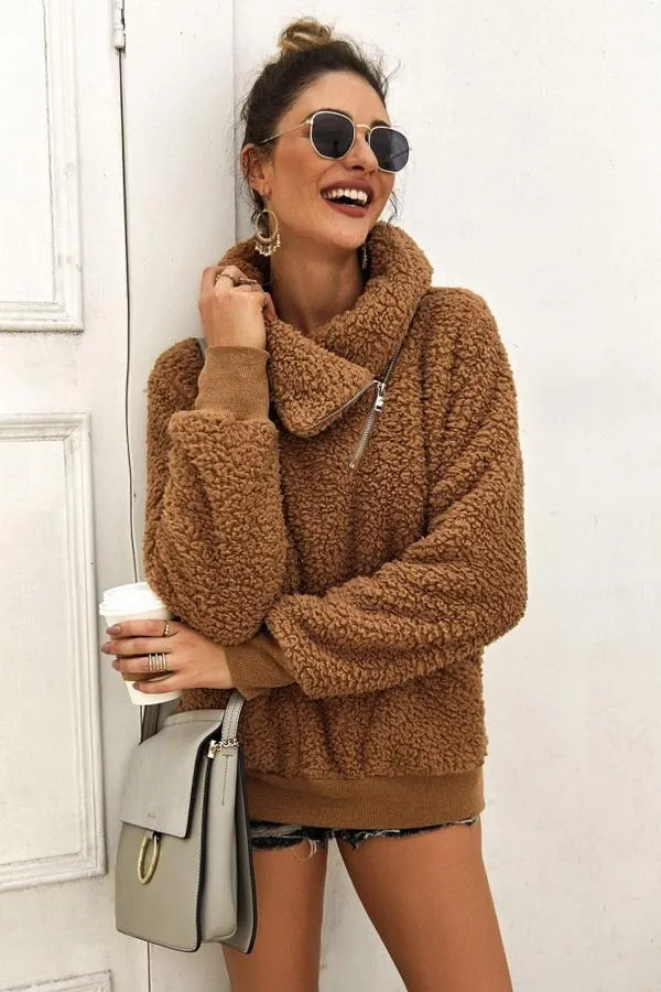 High Neck Fluffy Zipper Coat