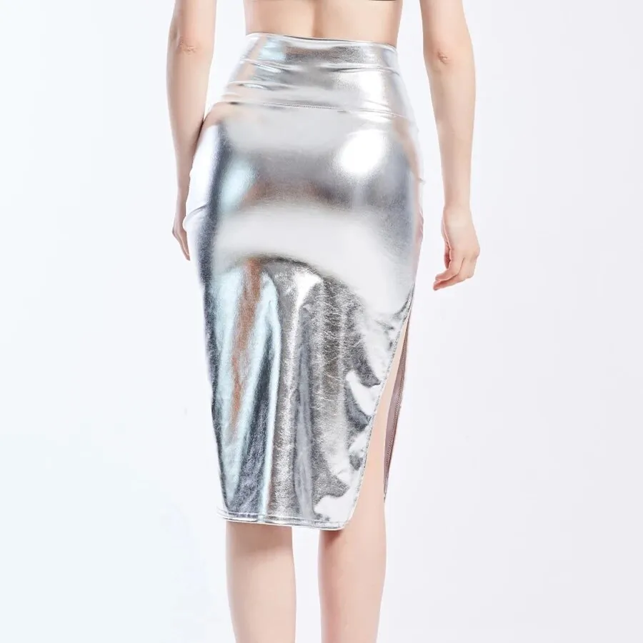 Holographic Split Festival Metallic Pencil Skirt