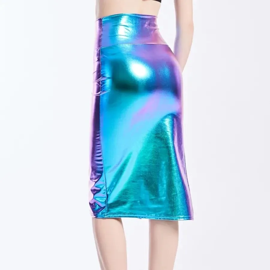 Holographic Split Festival Metallic Pencil Skirt