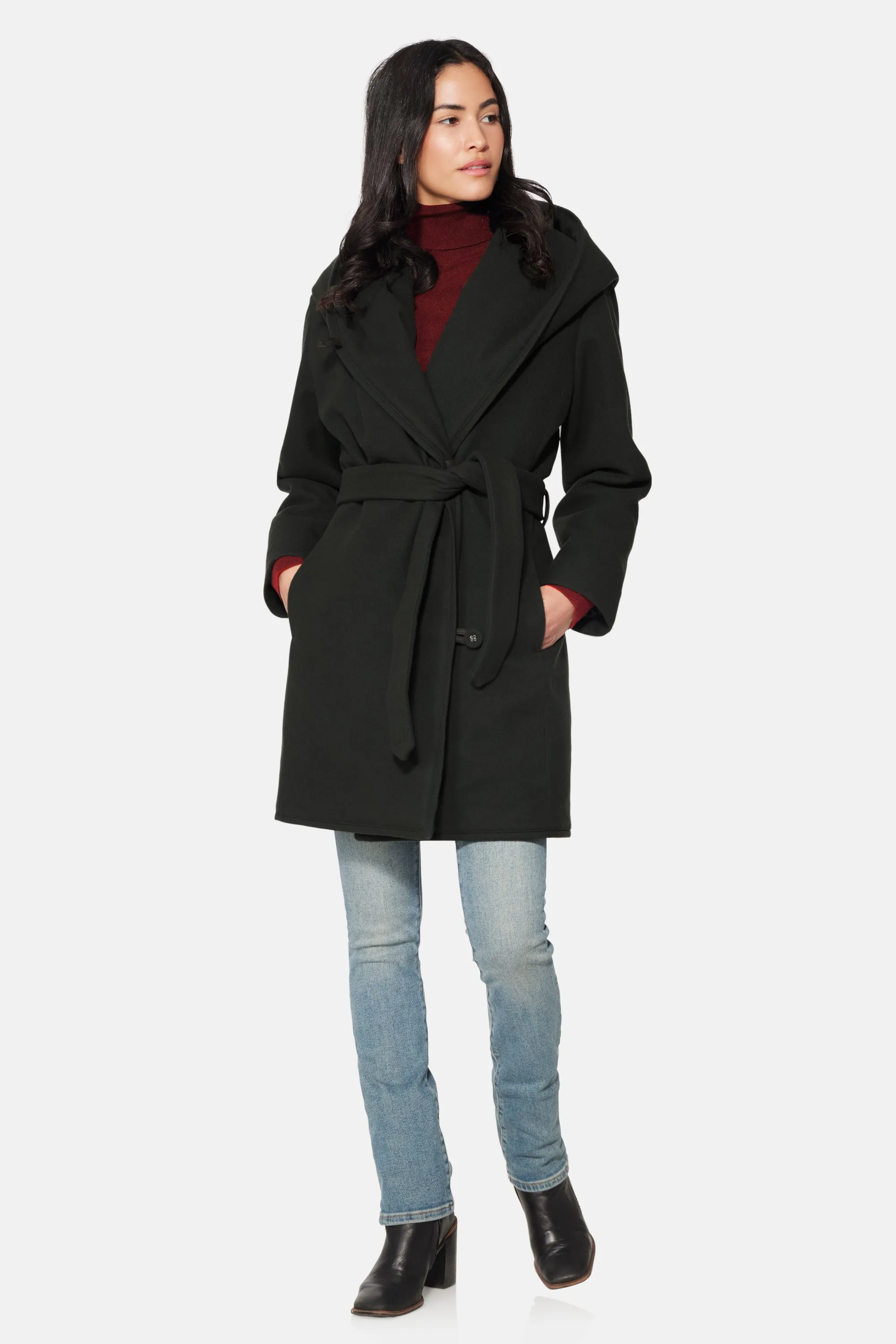 Hooded Wrap Coat, Black