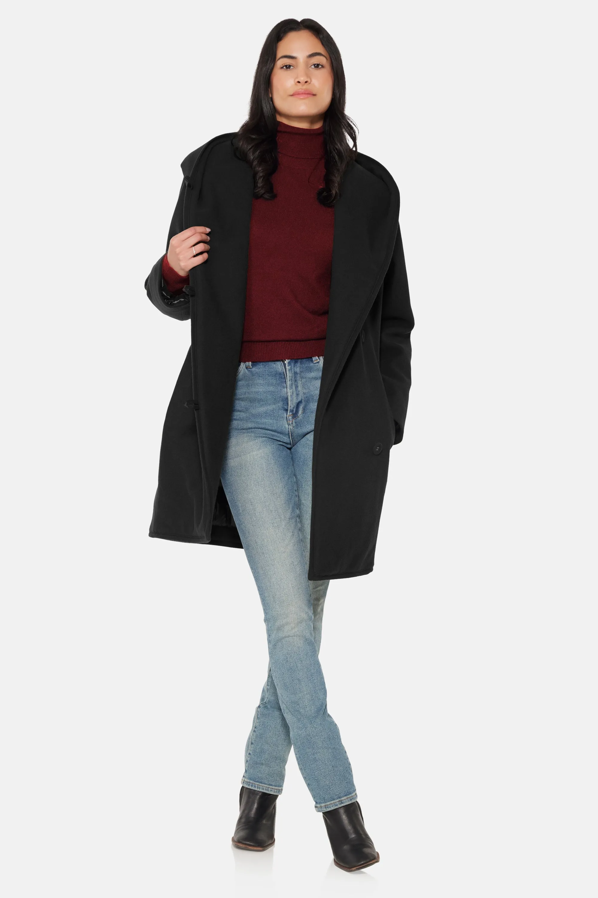 Hooded Wrap Coat, Black