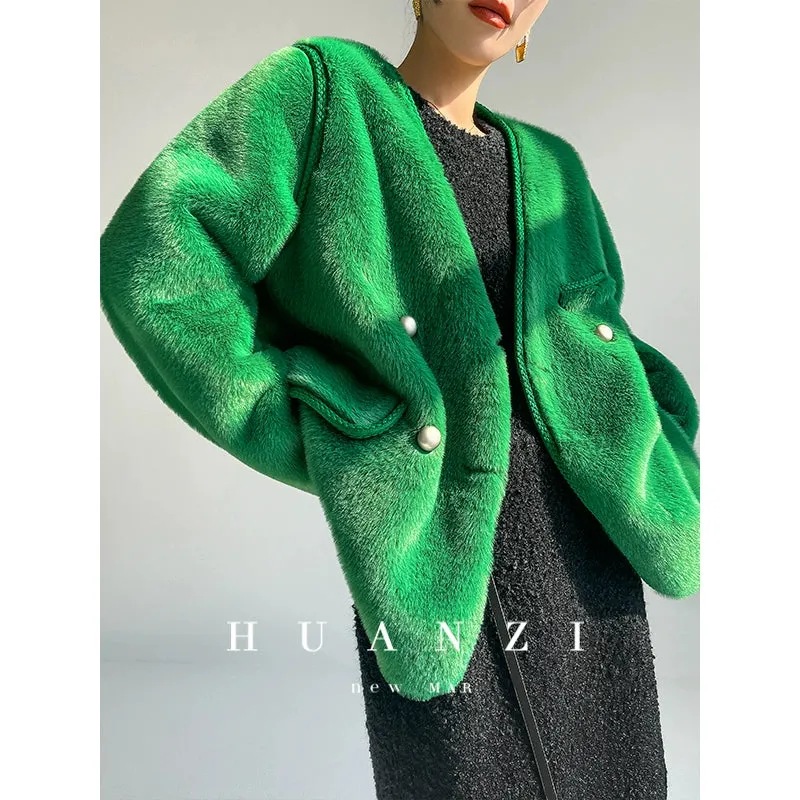 Huanzi green imitation fur autumn winter coat - Miiw