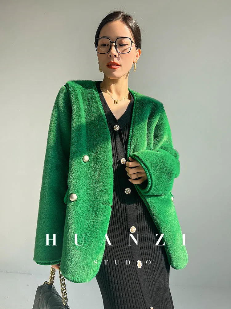 Huanzi green imitation fur autumn winter coat - Miiw