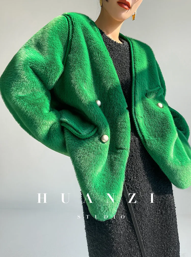 Huanzi green imitation fur autumn winter coat - Miiw