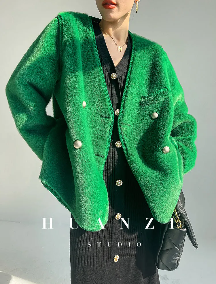 Huanzi green imitation fur autumn winter coat - Miiw