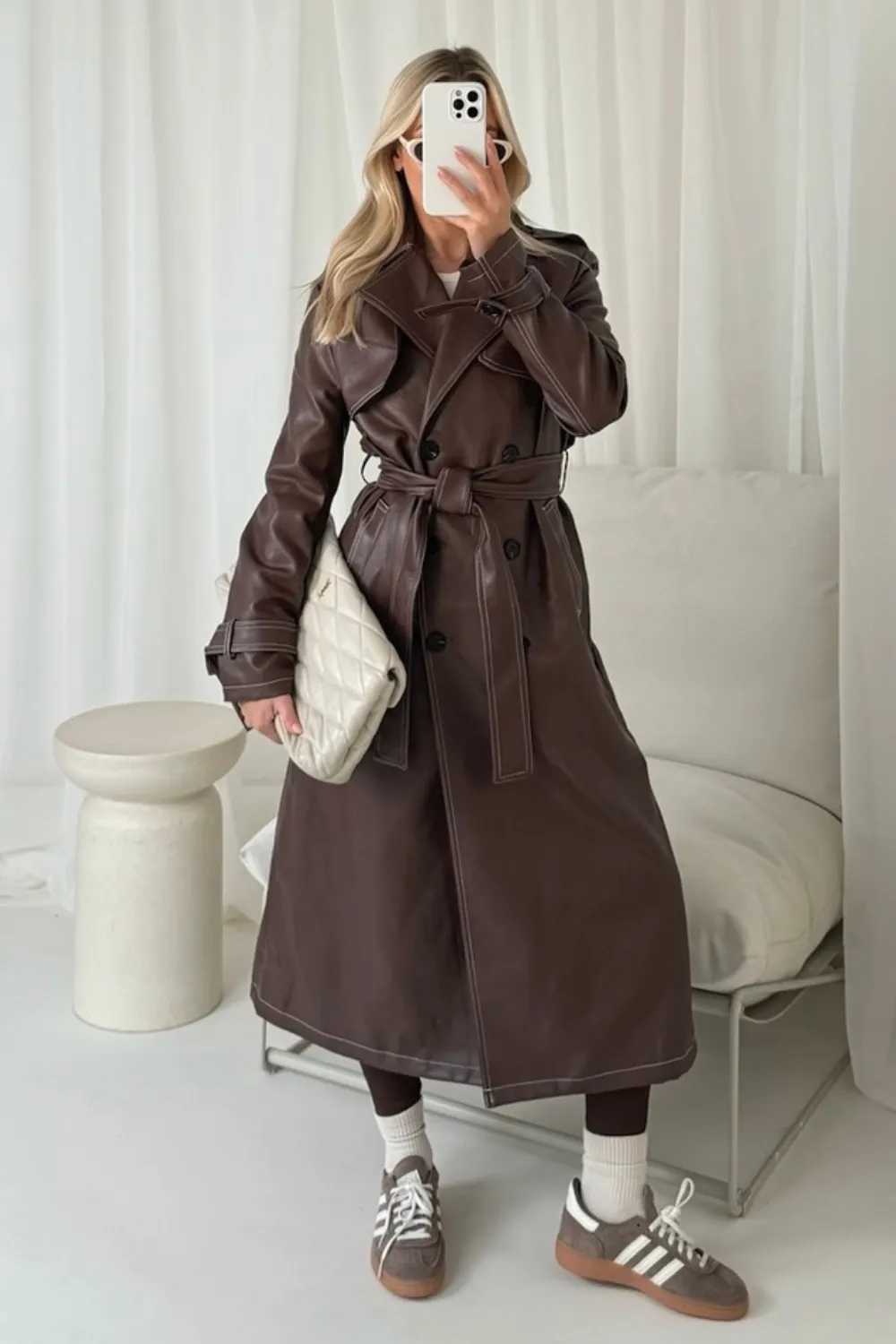 Jenny chocolate faux leather trench coat