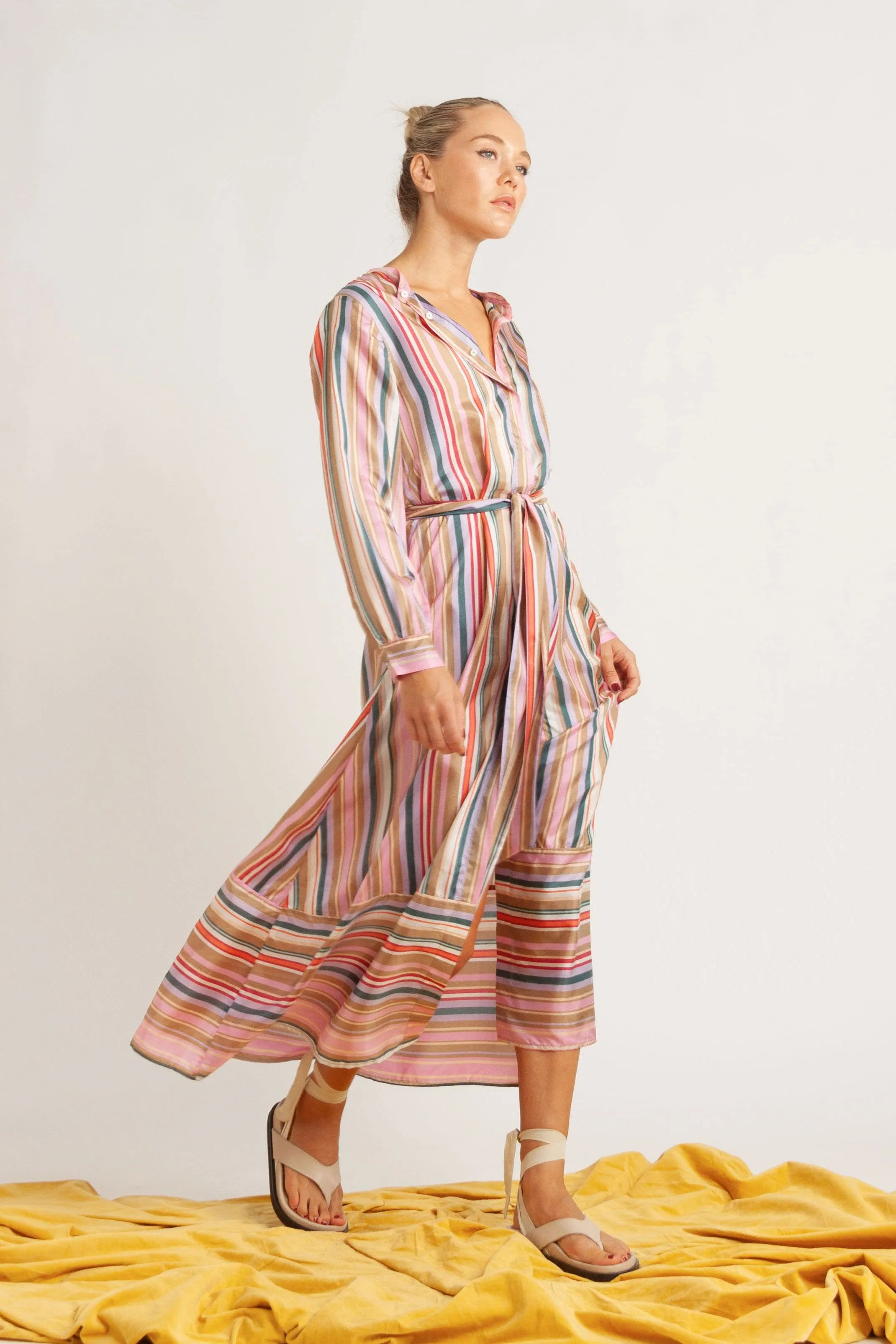 Kayla Multi-Stripe Silk Shirt Dress