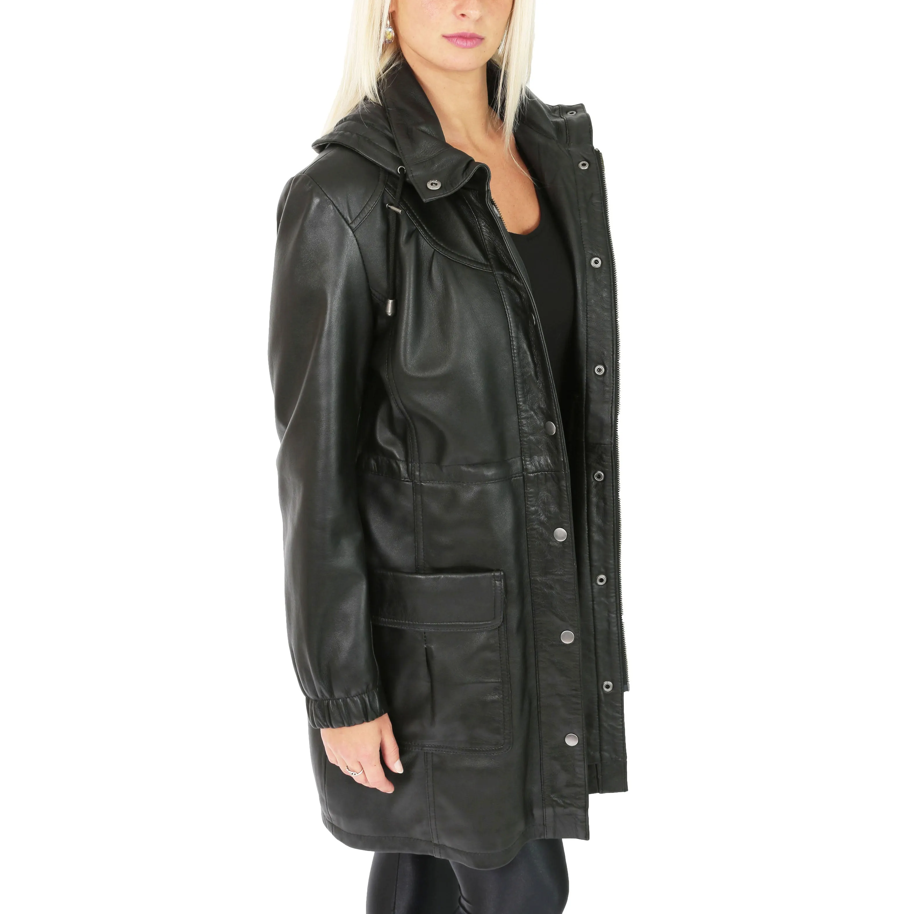 Ladies Duffle Leather Coat 3/4 Long Detachable Hood Classic Parka Jacket Liza Black