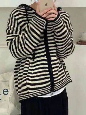 LANFUBEISI - Hooded Striped Long Sleeve Knit Cardigan