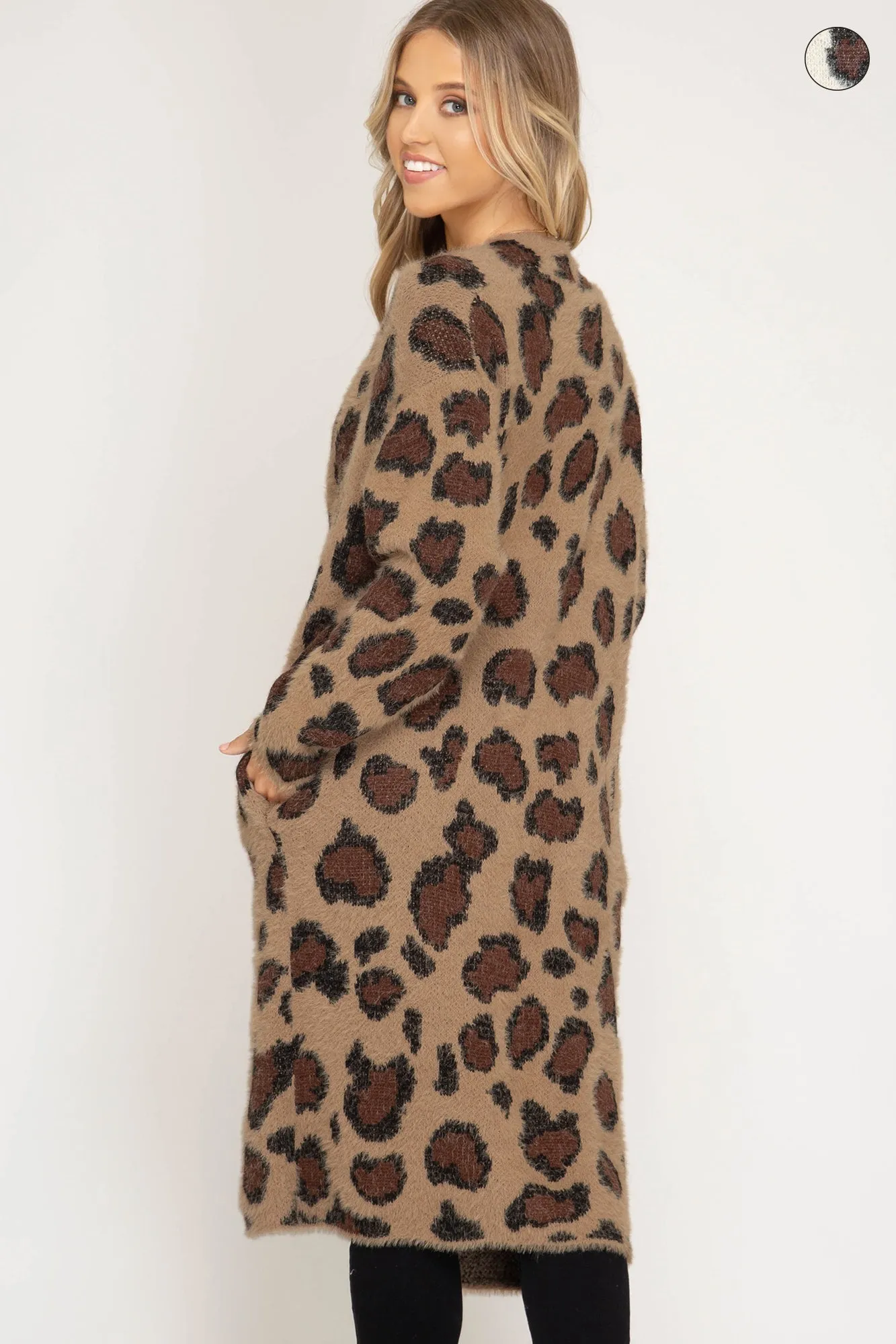 Long sleeve leopard fuzzy front open long cardigan