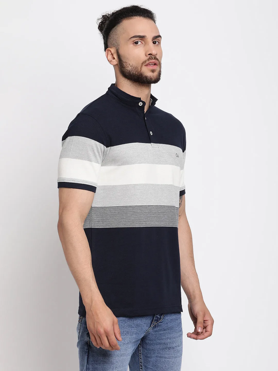 Men's Navy Blue Stripe Mandarin neck Half Sleeve T-Shirt