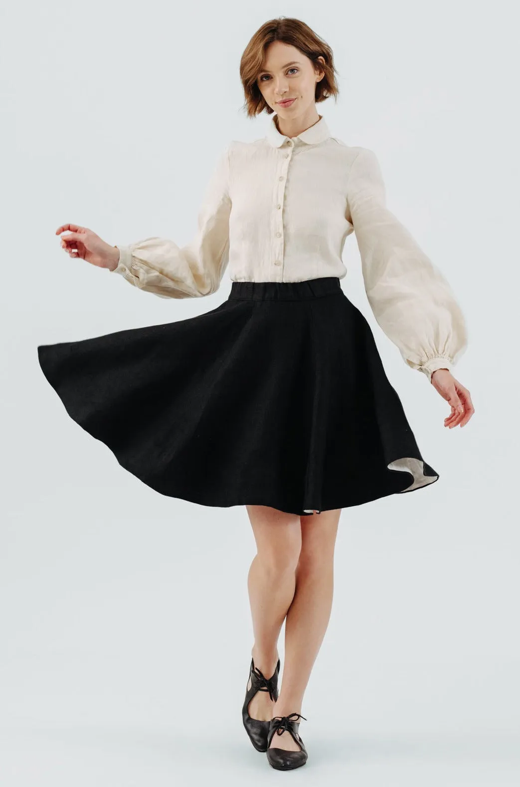 Mini Classic Skirt, Twill Linen, Black Herringbone