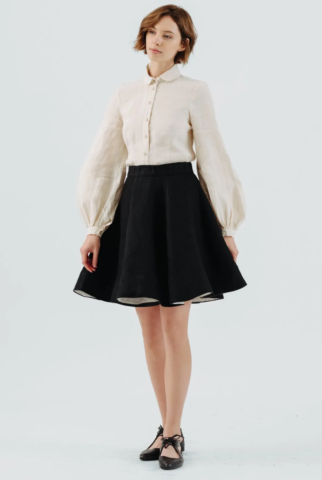 Mini Classic Skirt, Twill Linen, Black Herringbone