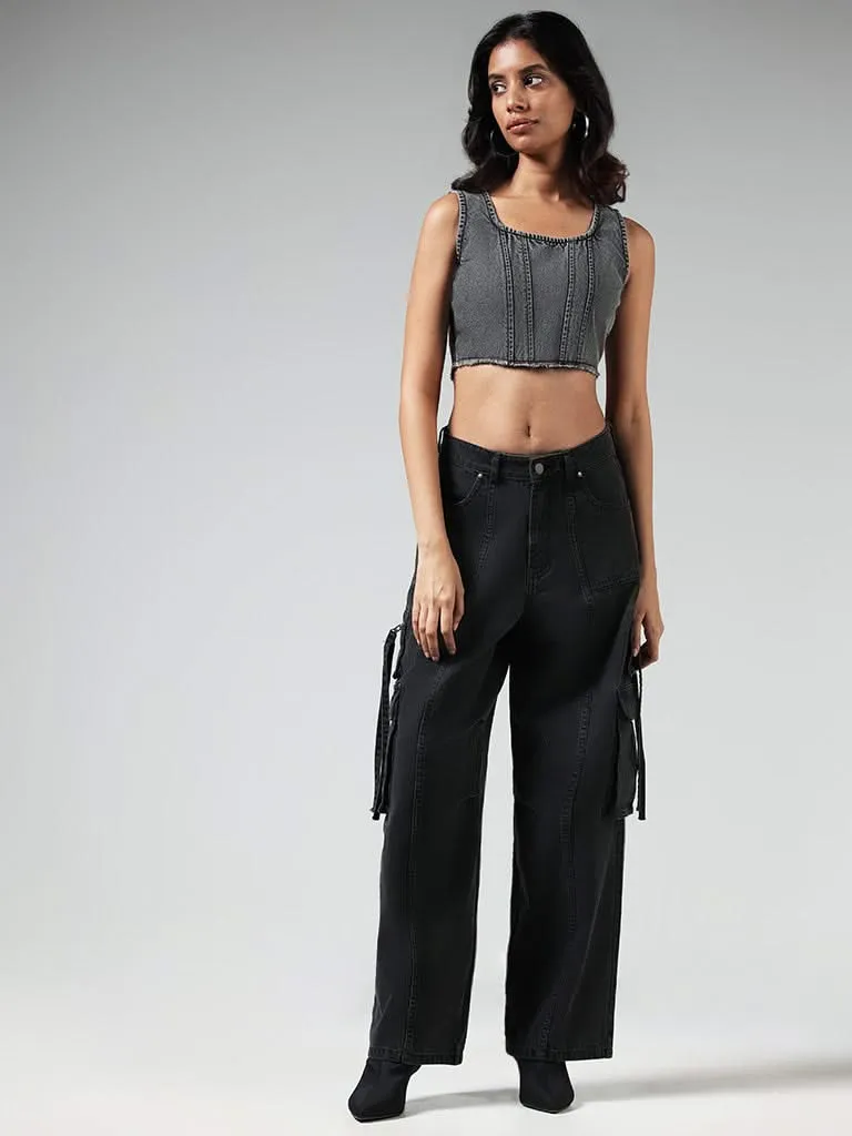 Nuon Solid Grey Denim Crop Top