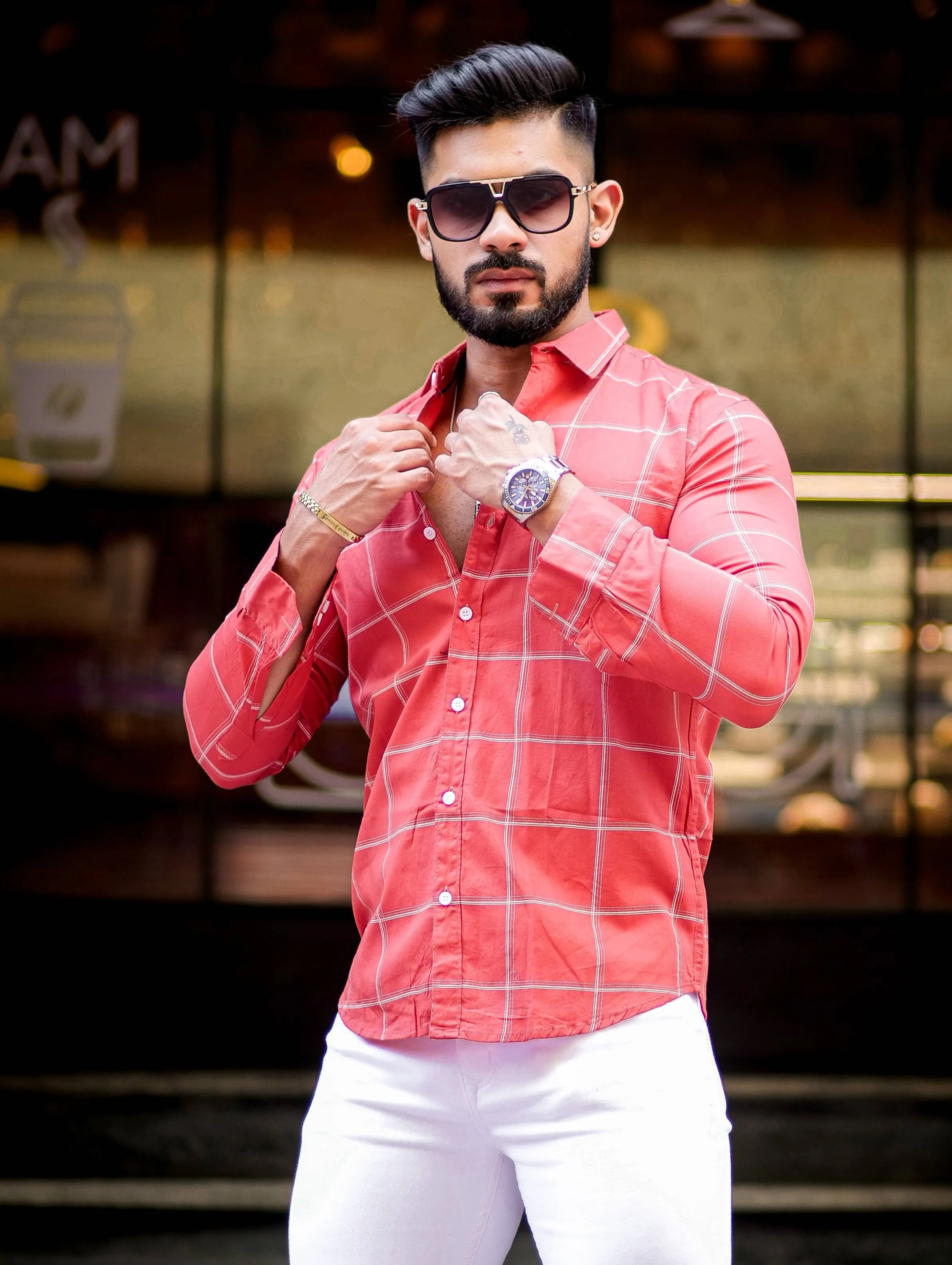 Orange Check Printed Cotton Shirt For Men's