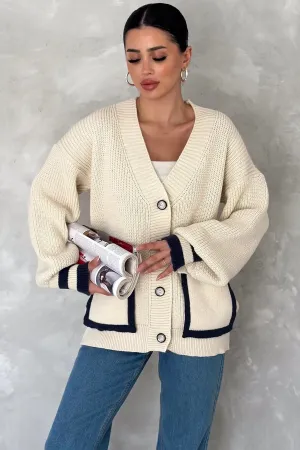 Oversize Beige Knitted Cardigan Button Detailed Pockets Color