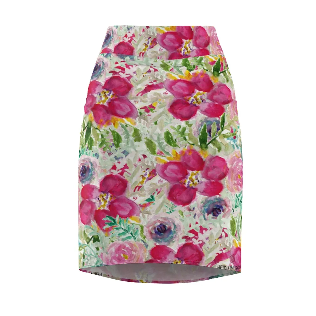 Pink Floral Women's Pencil Skirt, Mixed Rose Flowers Printed Best Pattern Skirt-Made in USA