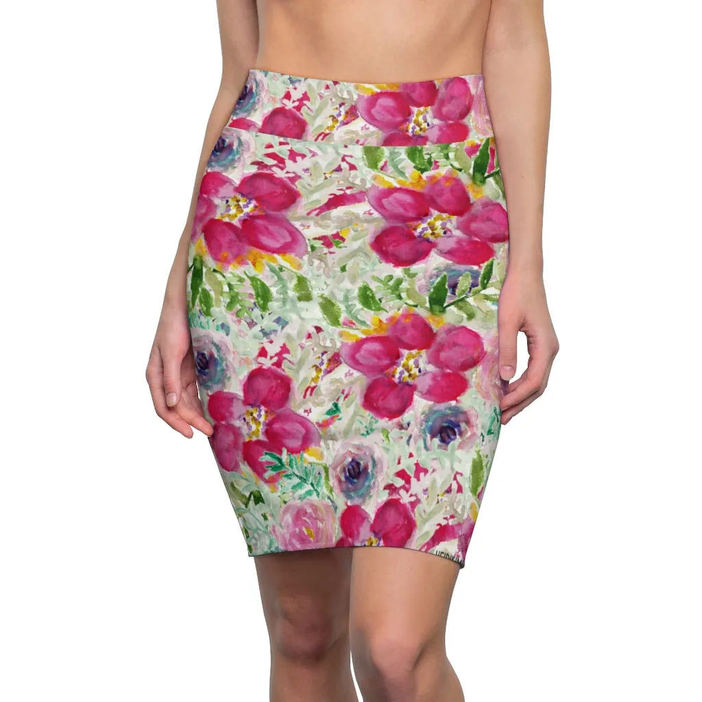 Pink Floral Women's Pencil Skirt, Mixed Rose Flowers Printed Best Pattern Skirt-Made in USA