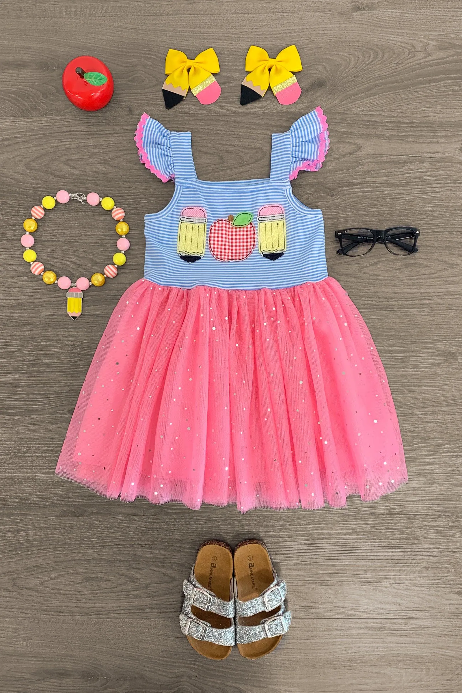 Pink Striped Apple & Pencil Tutu Dress