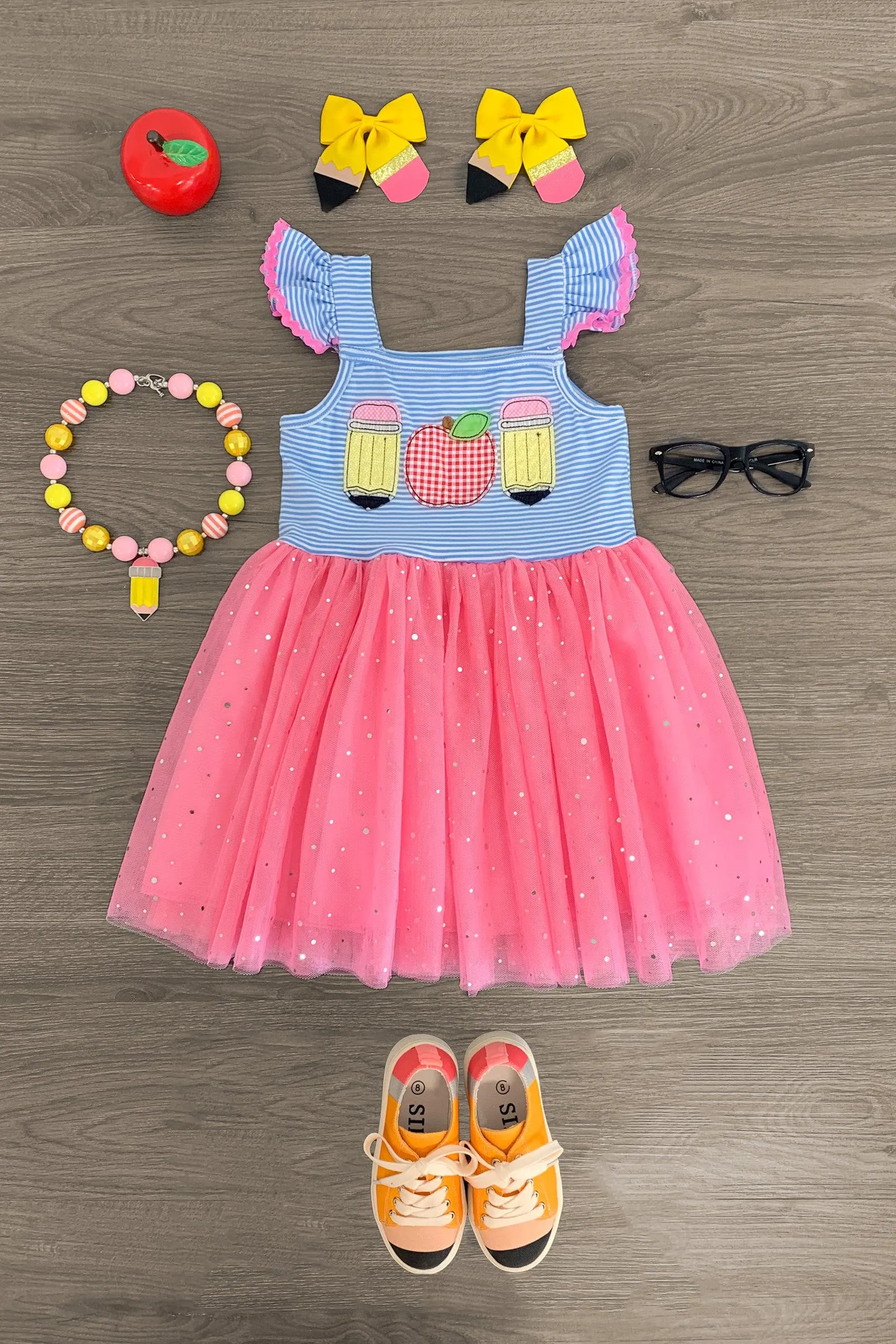 Pink Striped Apple & Pencil Tutu Dress