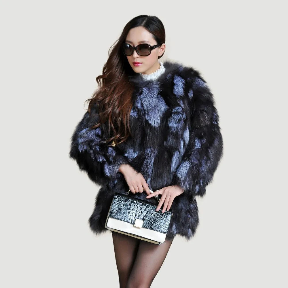 Real Silver Fox Fur Coat Women's  Overcoat  Full Sleeve Supper Thick Plus Size 13053