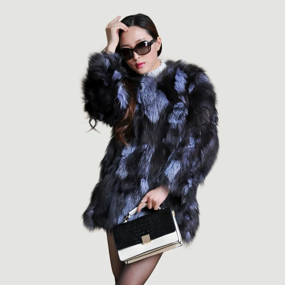 Real Silver Fox Fur Coat Women's  Overcoat  Full Sleeve Supper Thick Plus Size 13053